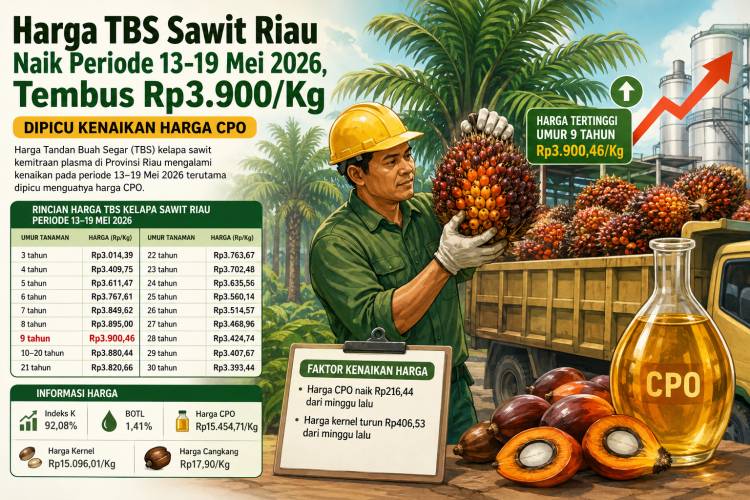 Harga TBS Sawit Riau Naik, Periode 13-19 Mei 2026 Tembus Rp3.900/Kg