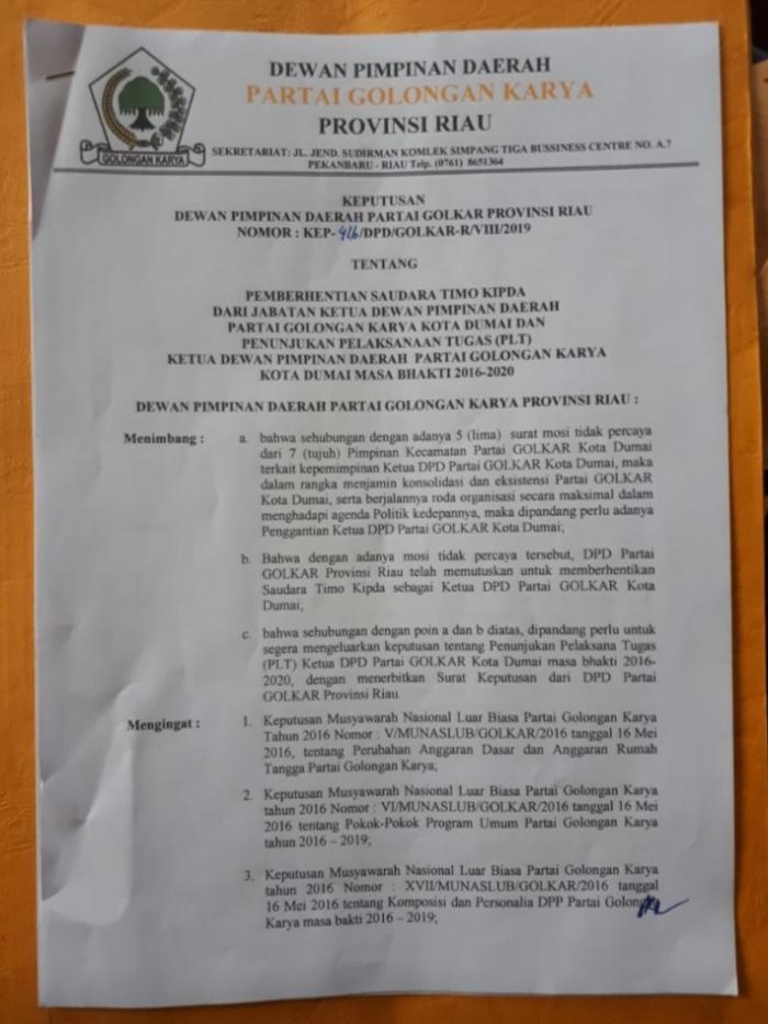 Jabatan Ketua DPD Golkar Dumai Dicopot