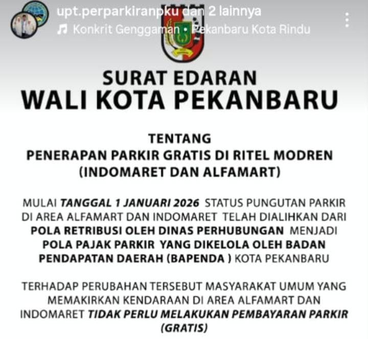 Mulai 01 Januari 2026, Parkir di Alfamart dan Indomaret Pekanbaru Resmi Gratis